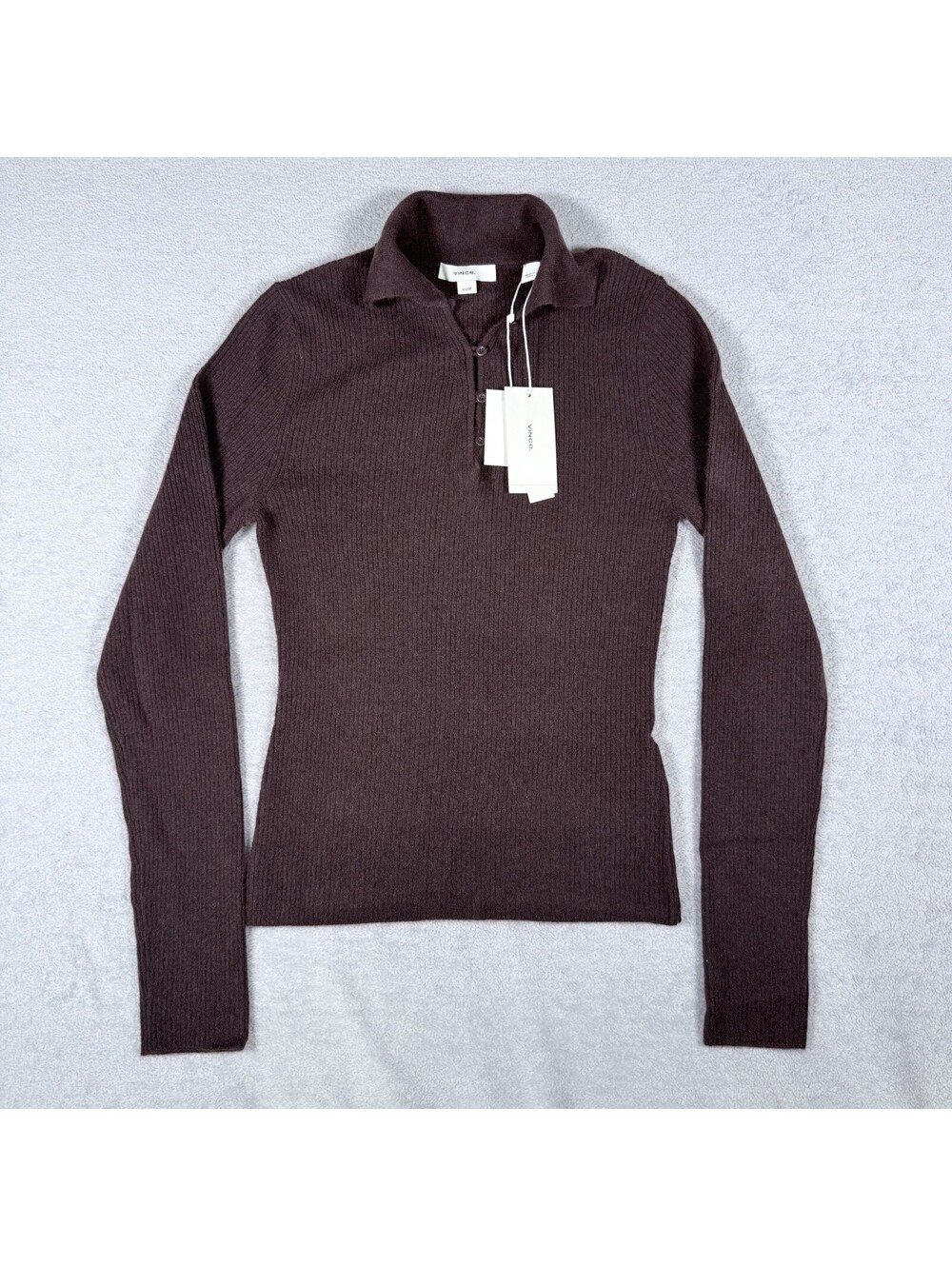 Vince NWT Cashmere Silk Polo Sweater Rib Knit Long Sleeve Plum XS